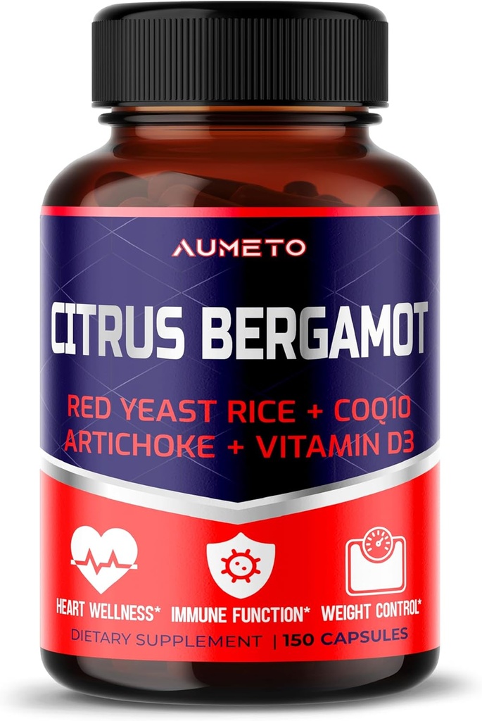 Citrus Bergamot Suplemento con Red Yeast Rice, CoQ10, Artichoke, Vitamina D3 - Apoyo Circulación general Wellness and Immune System (150 Conde (Pack of 1))