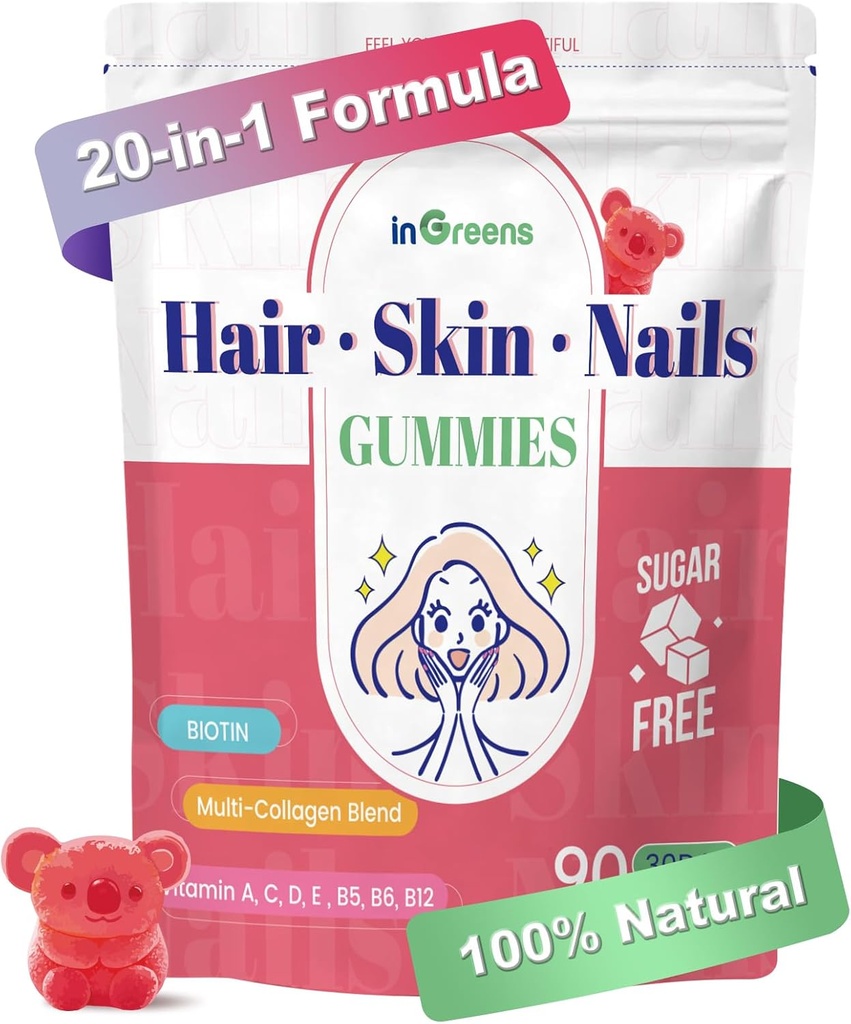 20-en-1 Peluquería y uñas Gummies, Peluquería Biotina Vitaminas para Hombres con 10000 mcg Biotina, Vitaminas A, C, D, E para el Crecimiento del Pelo &amp; Esquí sano, Blanco Peach Flavor, 90 Gummies
