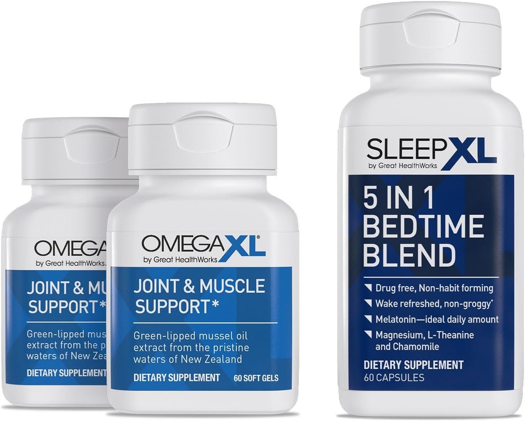 Suplemento de Alivio Conjunto OmegaXL - Apoyo al Musculo Natural, 60 Softgels (2 Pack) & SleepXL melatonina de liberación inmediata, L-Theanine (Calming), Chamomile, Magnesium &amp; B6 (60 cápsulas Vegan)