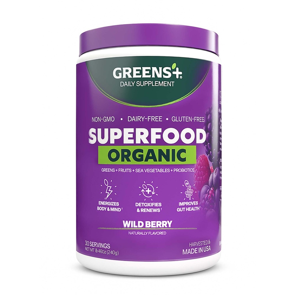 Greens+ Pólvora de Superalimentación de Berry ecológica, Polifenol Antioxidante, Blend for Morning Kick, Energía, Vitality Boost, Nutrición, Salud Vibrant, Suplemento dietético, Vegan Soy/Dairy/Gluten Free(8.46oz)