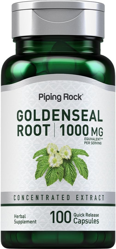 Piping Rock Goldenseal Root Capsules TEN 1000mg TENER 100 Píldoras TENIDO Suplemento Herbal TENIDO Extracto concentrado ANTE NO GMO, Gluten Free