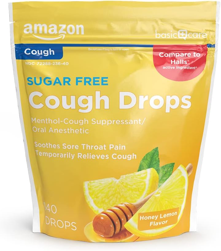 Cuidado básico Sugar Free Honey Lemon Cough Drops, 140 Conde (Comparar a Halls)