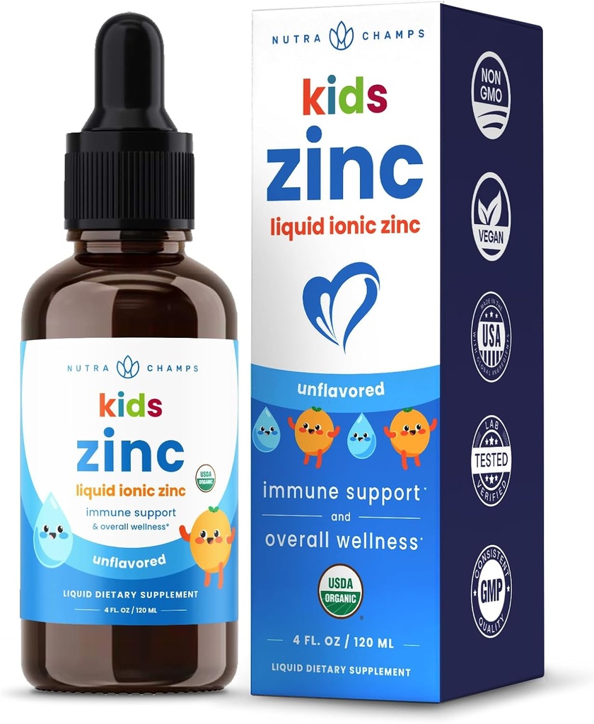 NutraChamps Liquid Zinc Drops for Kids, Ionic Zinc Drops Enhanced with Vitamin C for Children, Sugar-Free 4 oz, Vegan &amp; Non-GMO, Tangerine, 60 Servings, 2 Month Supply