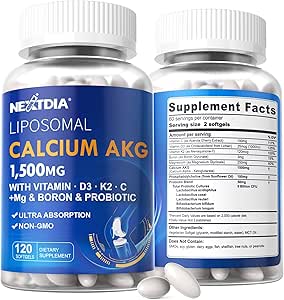 2 Pack Liposomal Calcio AKG Suplemento 1500mg con vitamina D3 & K2 para Hombres de Mujeres, Suplemento de Calcio con Glicinato de Magnesio, Borón, Probióticos & Vitamina C para Fuerza de Hueso &amp; Energía, 240 Softgels