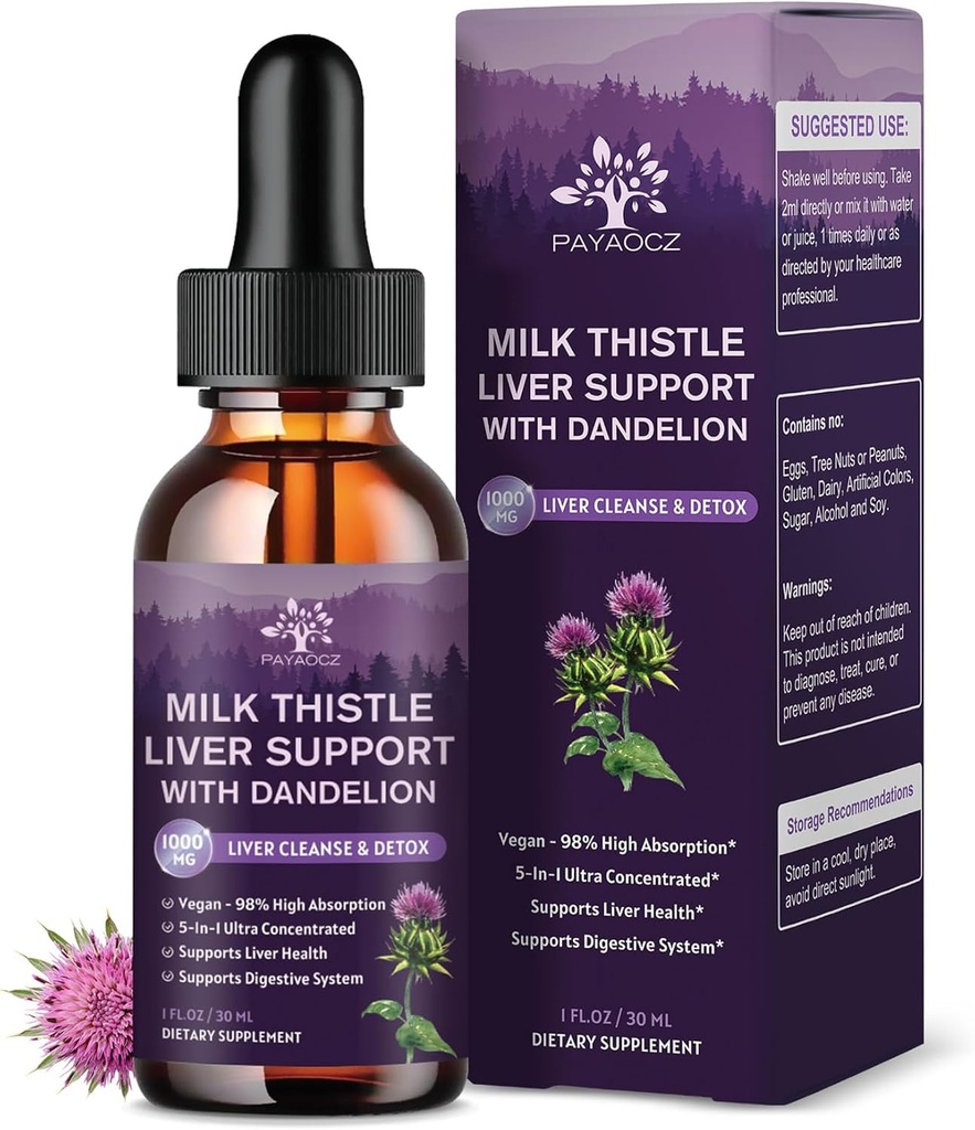 (4 Pack) Milk Thistle Liquid Drops Silymarin 1000mg, Liver Supplement Detox &amp; Cleanse with Dandelion & Artichoke, Milk Thistle Organic Extract for Support Repair Liver Health, Vegan, Non-GMO, 1 Fl Oz
