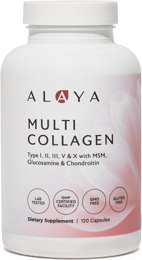 Alaya Naturals Hydrolyzed Multi Collagen Peptides Protein Capsules - Type I, II, III, V, X Grass-Fed Bovine, Chicken, Marine Collagen Supplement with MSM + GC (Capsules - 120 Count)