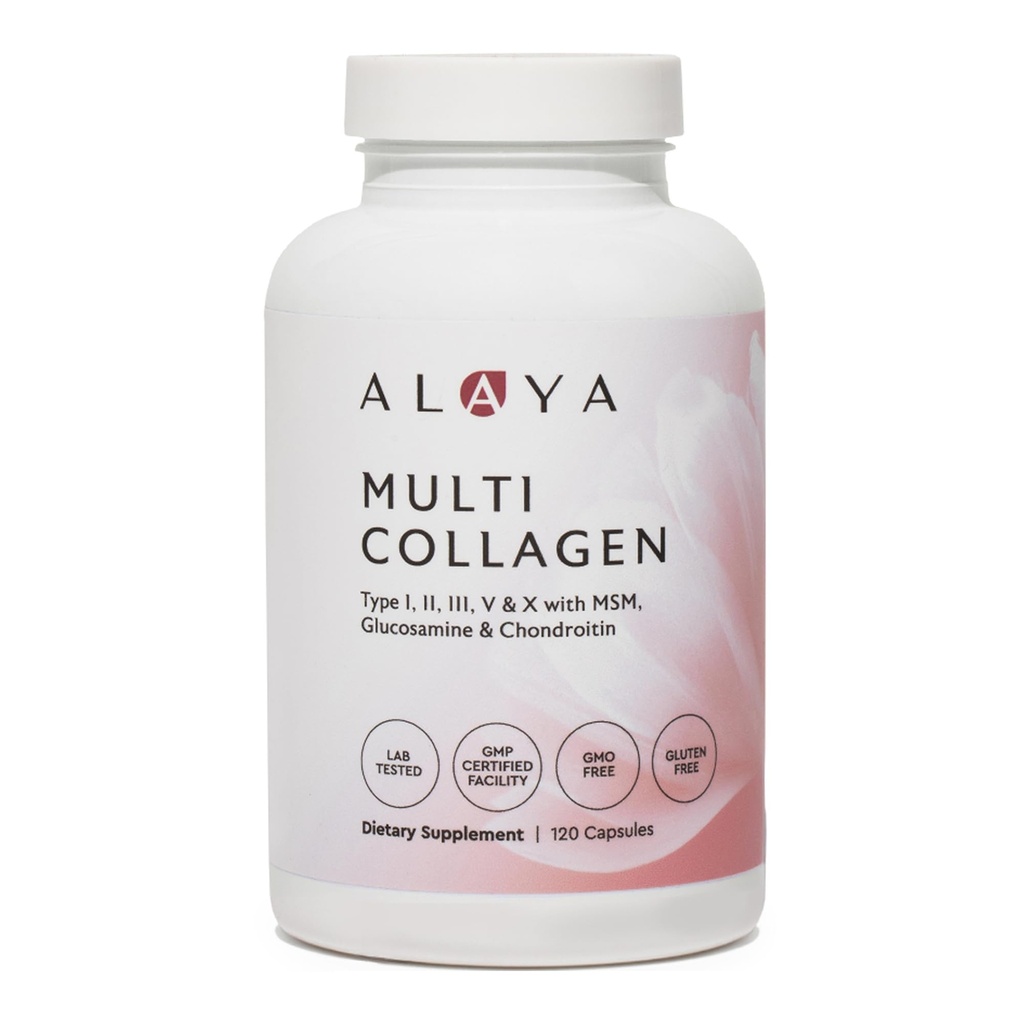 Alaya Naturals Péptidos Multi Collagen Hidrolyzed Protein Capsules - Tipo I, II, III, V, X Grass-Fed Bovine, Pollo, Marine Collagen Suplemento con MSM + GC (Capsules - 120 Conde)