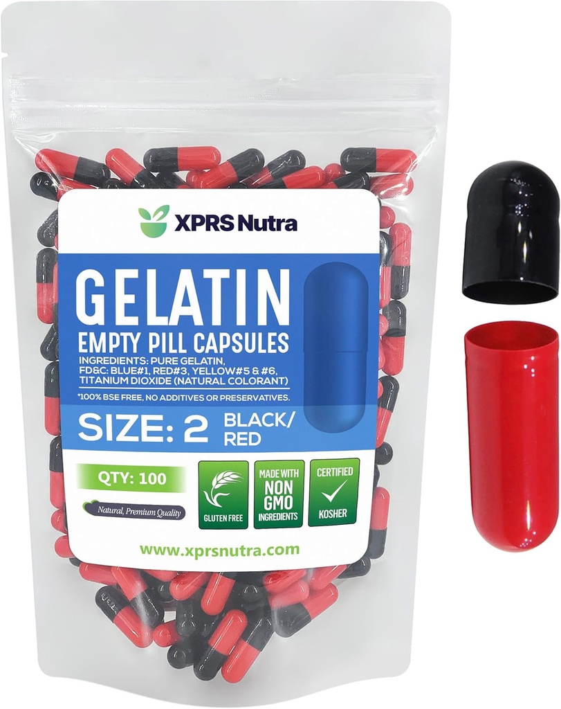 XPRS Nutra Size 2 Empty Capsules - 100 Conde Empty Gelatin Capsules - Pills DIY Capsule Filling - Pure Bovine Pill Gel Caps for Do-It-youself Supplements (Black/Red)