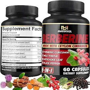 Berberine Supplement with Ceylon Cinnamon, Turmeric, Artichoke, Milk Thistle - Berberine HCl Supplement Pills - 60 Capsules [2-Month Supply]