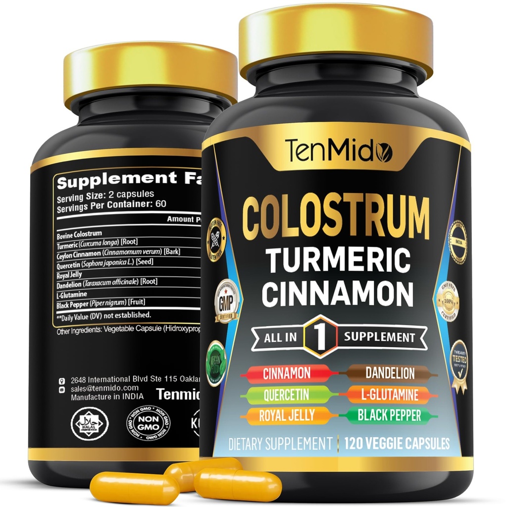 Suplemento de Colostrum - 8in1 Fórmula - Combina con Turmeric, Ceylon Cinnamon, Quercetin, Royal Jelly, Dandelion, L- Glutamine y Black Pepper - Asistencia sanitaria digestiva - 120 cápsulas