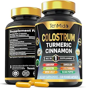 Suplemento de Colostrum - 8in1 Fórmula - Combina con Turmeric, Ceylon Cinnamon, Quercetin, Royal Jelly, Dandelion, L- Glutamine y Black Pepper - Asistencia sanitaria digestiva - 120 cápsulas