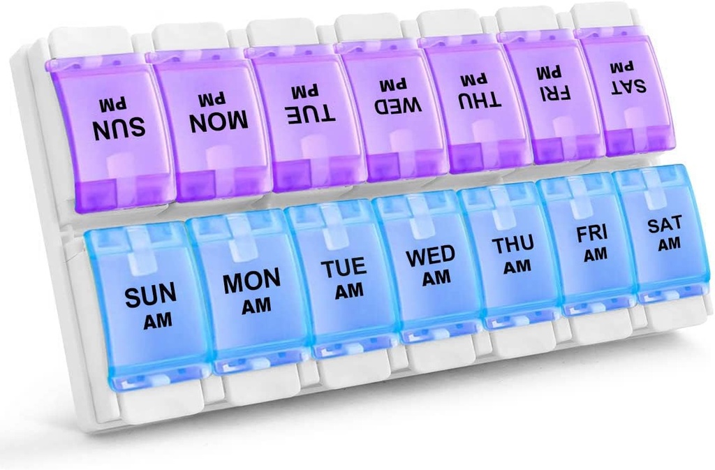 Sukuos AM PM Organizador semanal de 7 días, 2 veces una caja de píldoras de día con artritis botón de empuje amigable, Casos de medicina para aceite/suplementos de vitamina/Fish, fácil de limpiar (Purple ventaja azul)