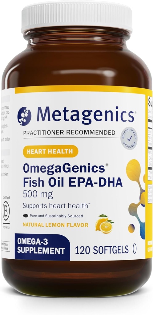 Metagenics OmegaGenics EPA-DHA 500 - Suplemento de aceite de pescado de alta potencia para la salud cardiovascular* - Pruebas de pureza sostenibles - libre de gluten - 120 Softgels