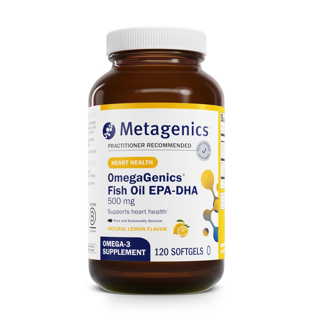 Metagenics OmegaGenics EPA-DHA 500 - Suplemento de aceite de pescado de alta potencia para la salud cardiovascular* - Pruebas de pureza sostenibles - libre de gluten - 120 Softgels