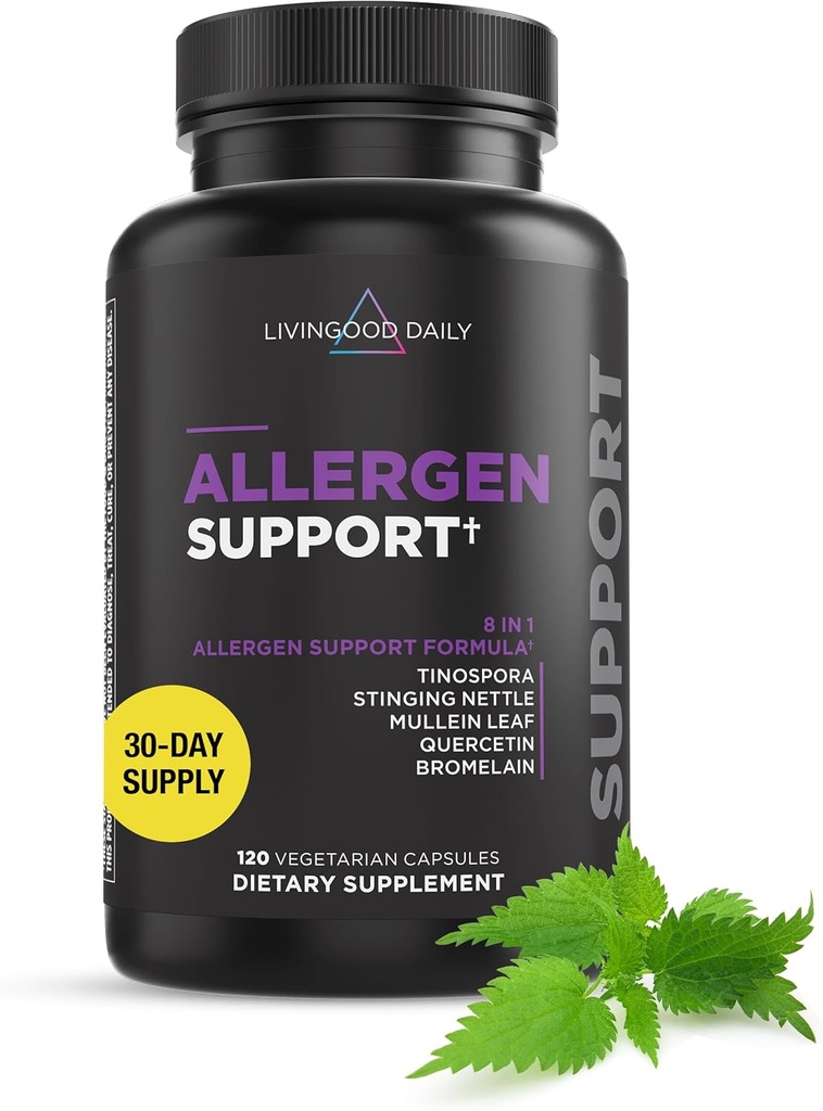 Livingood Daily Allergen Support, Natural Allergy Supplement with Vitamin C, Quercetin, Nettle Leaf, Zinc, Bromelain &amp; Tinospora, Non GMO, Vegan, Immune Support Formula, 120 Vegetarian Capsules