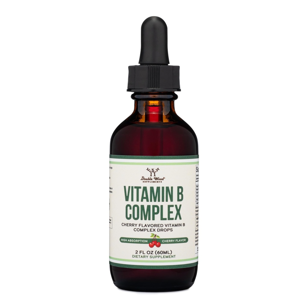 Double Wood Supplements Liquid Vitamin B Complex - 2 Month Supply - Max Absorption - B3, B6, B7 (Biotin), B9, and Vitamin B12 - Cherry Flavor - 2 FL OZ