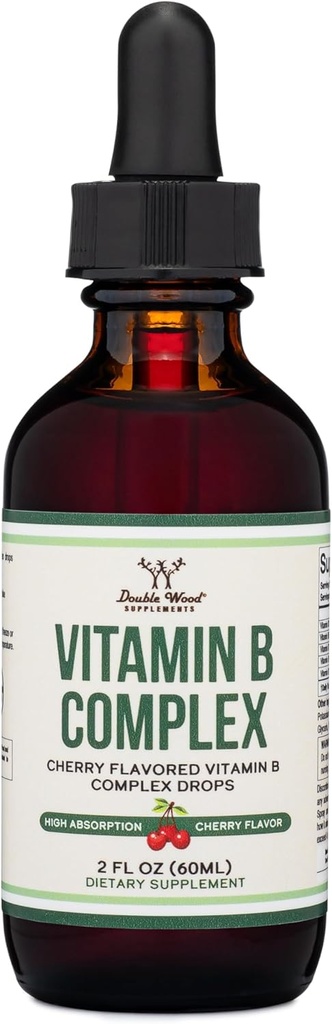 Suplementos de madera doble Complejo de vitamina B líquido - 2 Mes de suministro - Max Absorption - B3, B6, B7 (Biotin), B9, y vitamina B12 - Cherry Flavor - 2 FL OZ