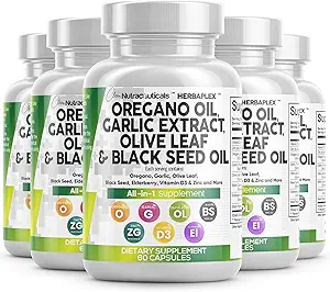 Nutracéuticos limpios Oregano Aceite Ajo Extracto Hoja de Oliva Negro Semilla Aceite- Inmune Soporte &amp; Salud Digestiva Suplemento para Mujeres y Hombres con Vitamina D3 &amp; Zinc - 5Pack
