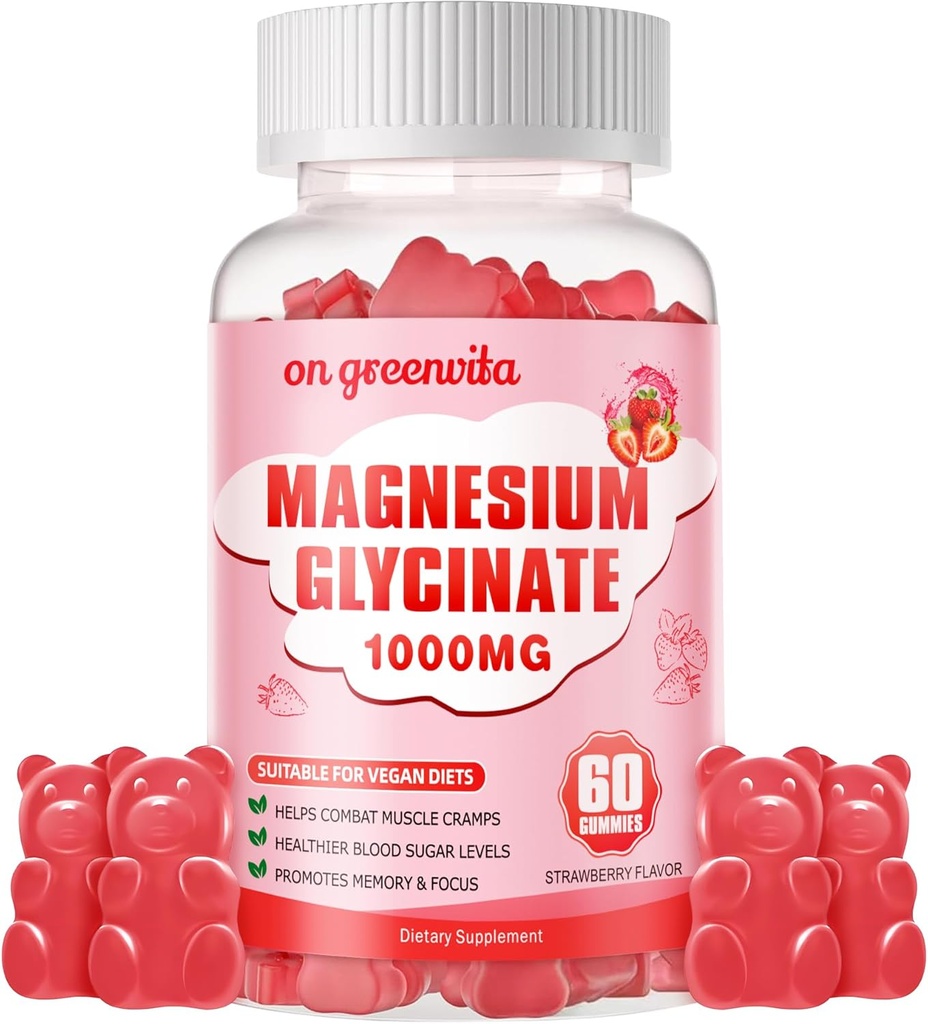 Magnesio Glycinate Gummies 1000mg - Suplemento de Potasio de Magnesio Libre de Azúcar con Vitamina D, B6, CoQ10 para calma Mood &amp; Sleep Support - 60 Gummies de Fresa