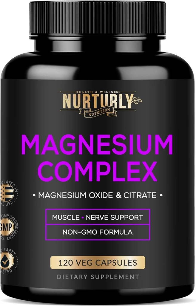 Citrato de magnesio " óxido 500mg Suplemento Complejo - Alta Absorción Máxima Fuerza - Ayuda a apoyar la densidad y fuerza del hueso, músculos, energía y sueño - 120 cápsulas veganos