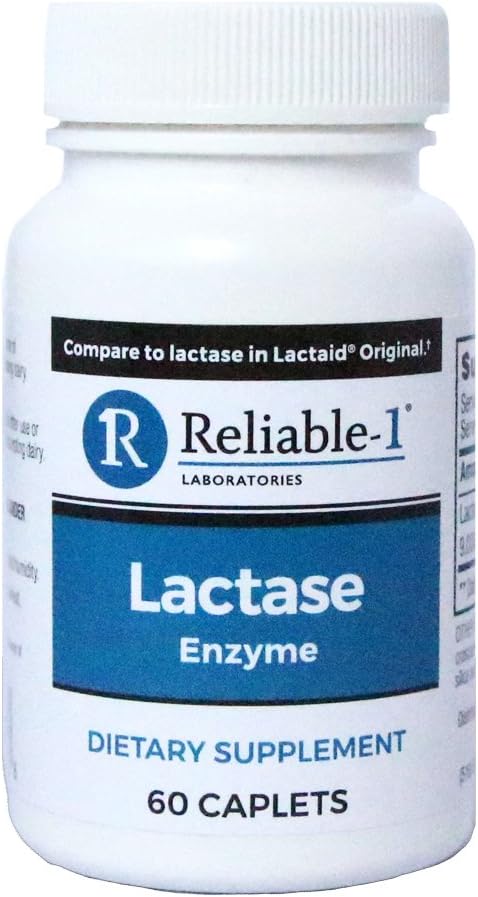 RELIABLE 1 LABORATORIOS Suplemento dietético de lactasa Enzyme (60 cápsulas, 1 botella) - Ayuda a prevenir el gas, la ruborización y la diarrea de productos basados en leche