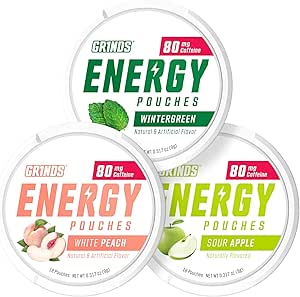 Grinds Energy Pouches - Natural Caffeine Pouches - Contiene B-Vitamins, Libre de Azúcar, " 0 Calories - 80 mg de cafeína en cada bolsa - Wintergreen, Peach, " Sour Apple - 3 Pack, 15 Pouches Per Can