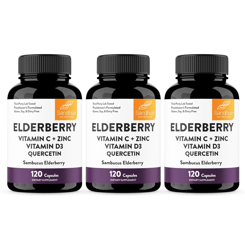 Sandhu's Elderberry Vitamina C y Zinc con Vitamina D3 " Quercetin tención suplemento cápsulas para hombres " mujeres  sometidas soporta Immune Health latitud 120 Conde (Pack of 3)
