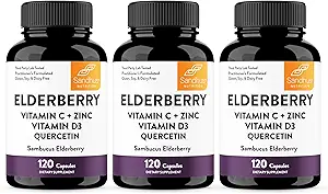 Sandhu's Elderberry Vitamina C y Zinc con Vitamina D3 " Quercetin tención suplemento cápsulas para hombres " mujeres  sometidas soporta Immune Health latitud 120 Conde (Pack of 3)