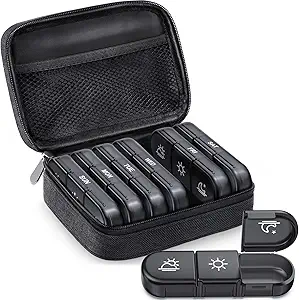 ZIKEE Gran Caja semanal de Pill Organizador 3 veces al día, Portable Light Proof Canvas Bag Pill Box 7 Día para proteger su privacidad y almacenar medicamentos, vitamina, aceite de pescado, suplemento (negro)