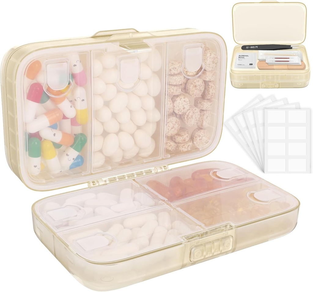 Organizador semanal de píldoras FYYY con etiquetas,8 Compartimientos Travel Daily Pill Case Airtight Caja de gran pill resistente a la humedad para mantener vitaminas, aceite de pescado, suplementos, Swab de algodón y Bandages-Beige