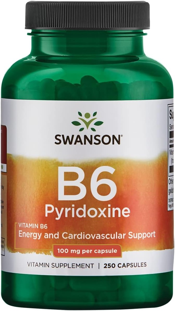 Swanson B6 Pyridoxina - Suplemento de vitaminas Promoción de la Salud Cardiovascular & Energía Metabolismo - Fórmula Natural Promoción Bienestar general - (250 cápsulas, 100 mg cada uno)