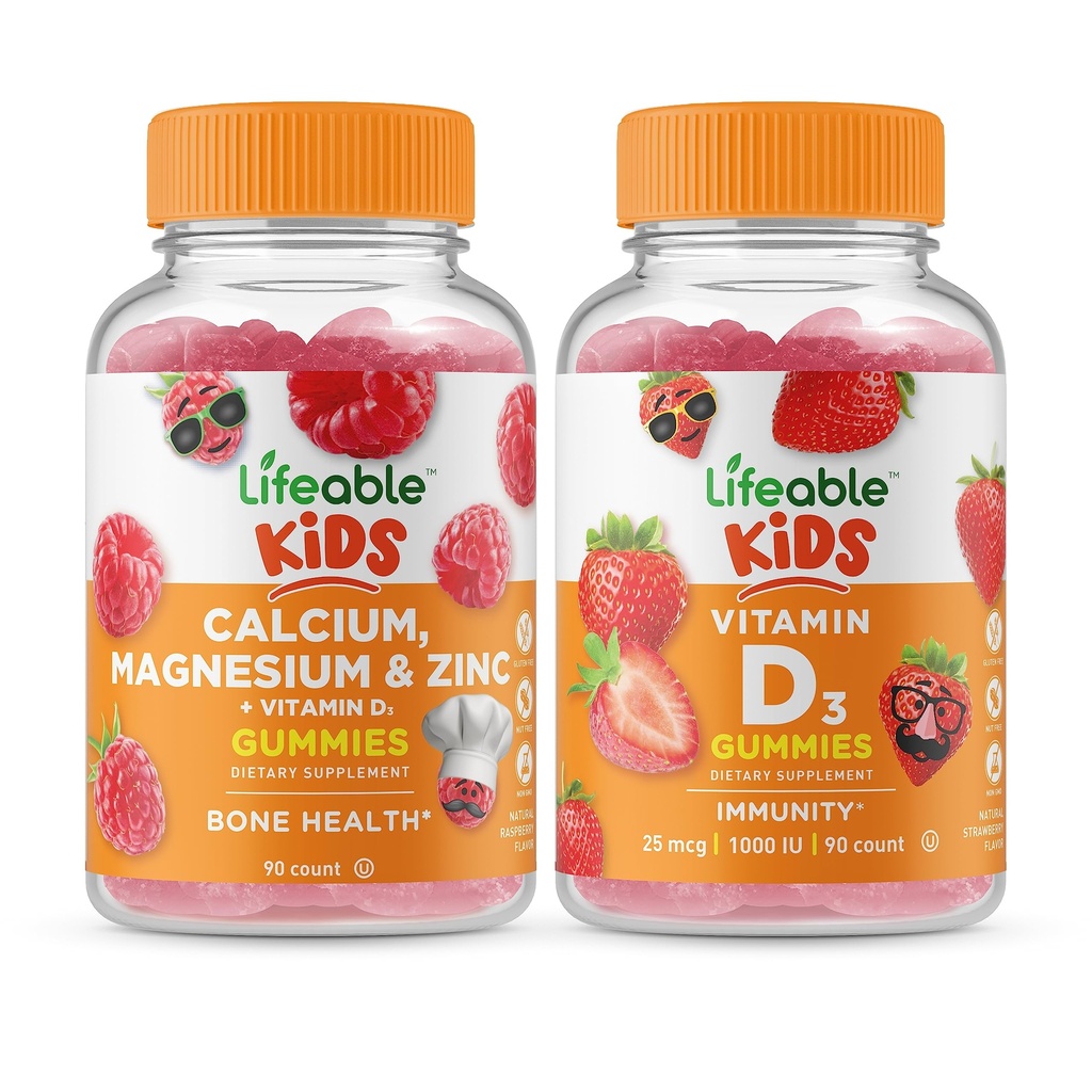 Magnesio de calcio vitalicio &amp; niños cinc + vitamina D niños, manjar de gummies - Tasting grande, suplemento de vitamina, gratis de Gluten, GMO libre, goma picable