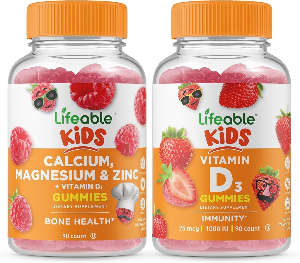 Magnesio de calcio vitalicio &amp; niños cinc + vitamina D niños, manjar de gummies - Tasting grande, suplemento de vitamina, gratis de Gluten, GMO libre, goma picable