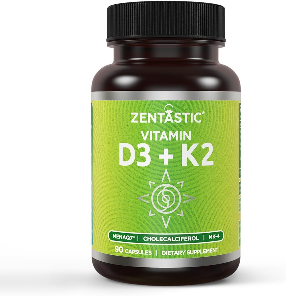 Zentastic Vitamin D3 K2, 5000IU &amp; 200mcg, Vitamina D &amp; Patented MK7 &amp; MK4 para 3-en-1 Complex Support - Vegetariano, No GMO, 90 caps