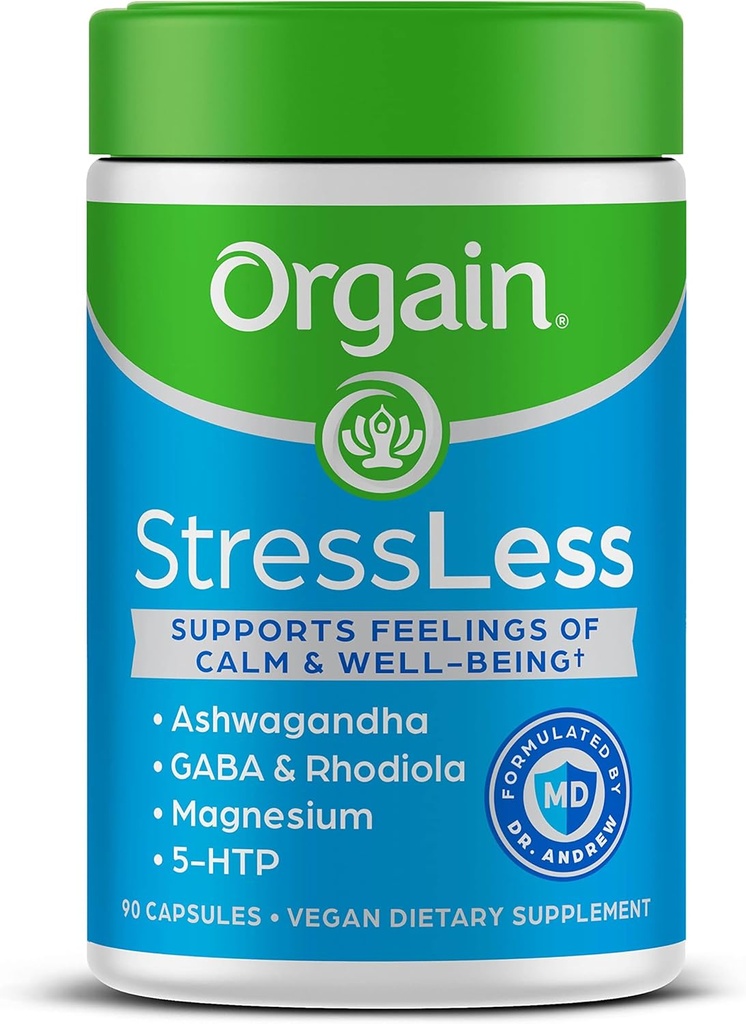 Orgain StressLess, Vegan Stress Relief Supplement - Blend of Magnesium, Lemon Balm, GABA, 5 HTP, Rhodiola Rosea, Ashwagandha y Chamomile, Gluten Free, Doctor Formulado - 90 Cuenta, 30 Day Supply