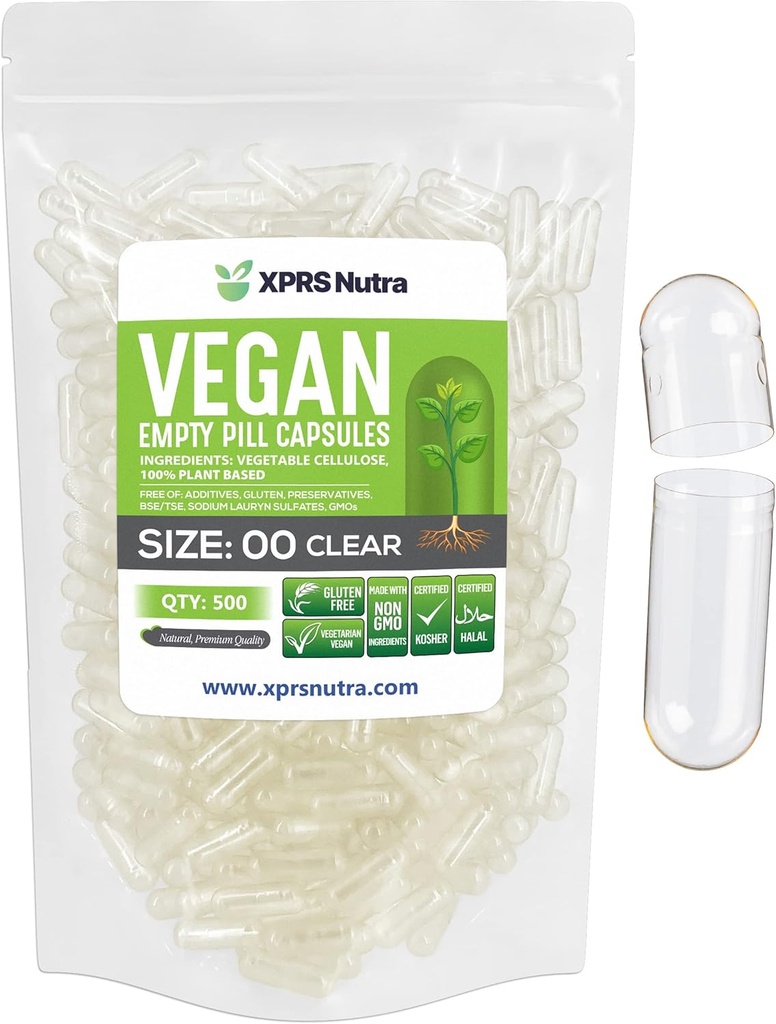 XPRS Nutra Size 00 Empty Capsules - 500 Count Clear Empty Vegan Capsules - Vegetarian Empty Pills - DIY Vegetable Capsule Filling- Veggie Pill Caps