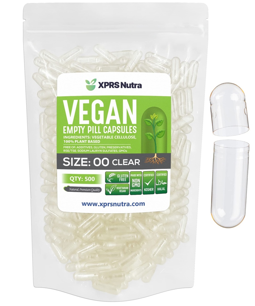 XPRS Nutra Size 00 Empty Capsules - 500 Cuentas Clear Empty Vegan Capsules - Vegetarian Empty Pills - DIY Vegetable Capsule Filling- Veggie Pill Caps