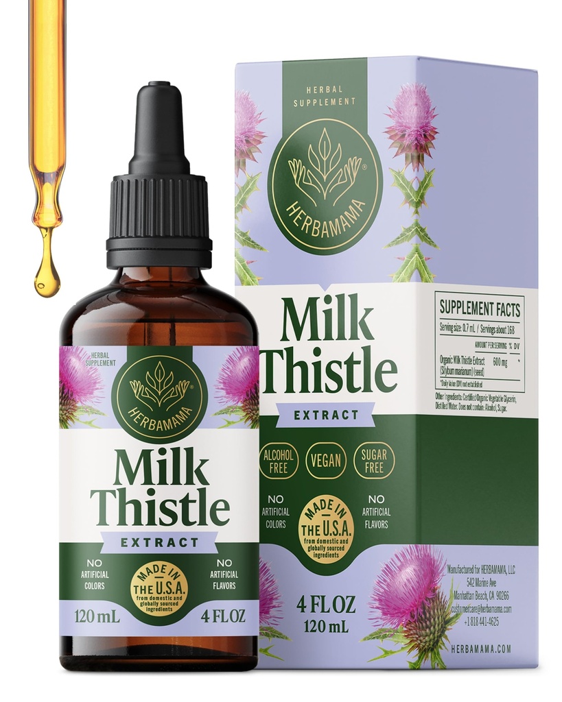 HERBAMAMA Milk Thistle Suplemento - Vegan Liver Support with Milk Thistle Extract Tincture - Non-GMO, Alcohol &amp; Sugar-Free Liquid Silymarin Liver Detox Drops, 56-Day Supply