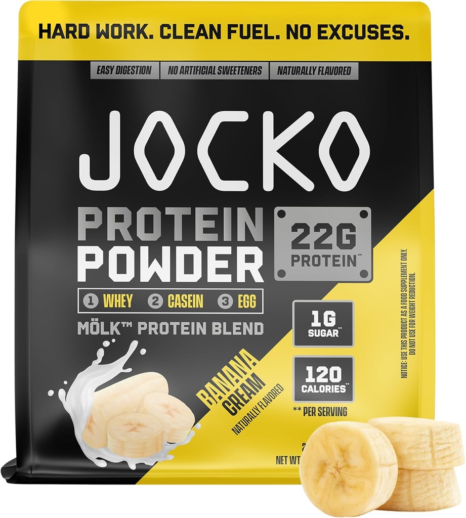 Jocko Fuel Mölk Whey Protein Powder 22g Low Sugar Monk Fruit Blend - Muscle Recovery &amp; Growth, Packaging May Vary (28 Servings, Banana Cream)