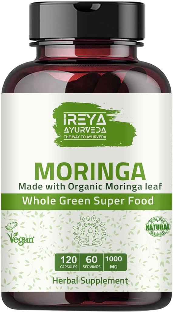 Moringa Capsule 1000 mg (120 cápsulas), Moringa Powder Capsules Made from Organic Moringa Leaf Powder ← Non-GMO Whole Green Super Food Nutrition 60 días