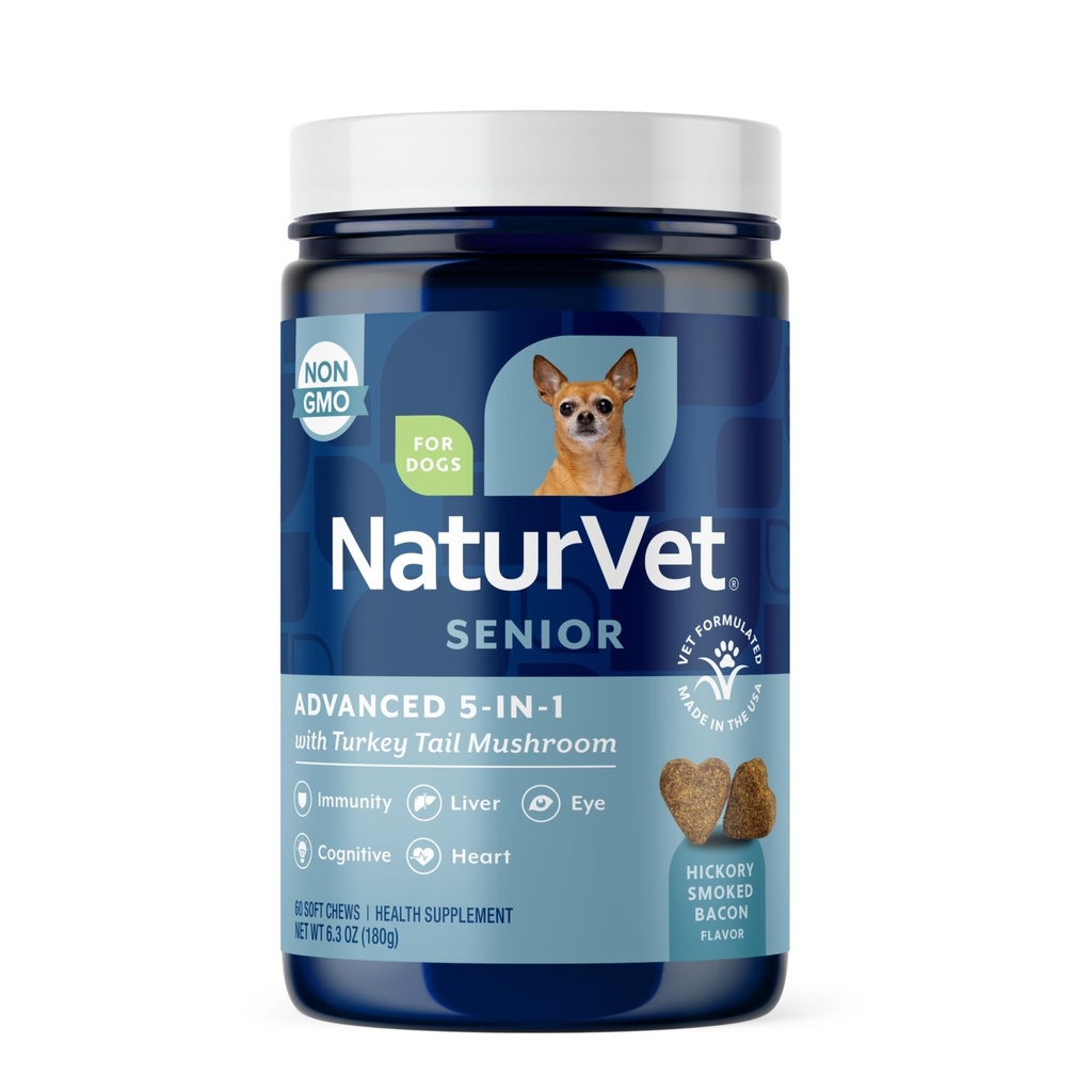 NaturVet Senior Advanced 5-in-1 Support Dog Supplement – Helps Support Immune System, Heart, Liver, Cognitive Function, Eye Health – Includes Ginkgo Biloba, Lutein – 60 Ct.