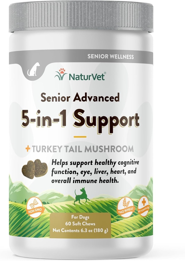 NaturVet Senior Advanced 5-in-1 Support Dog Supplement – Helps Support Immune System, Heart, Liver, Cognitive Function, Eye Health – Includes Ginkgo Biloba, Lutein – 60 Ct.