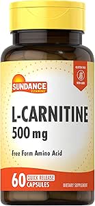 Sundance L-Carnitine Tartrate Suplemento 500mg Silencio 60 Capsules Silencio Forma libre Aminoácidos Silencio No GMO y Gluten Píldoras Gratis