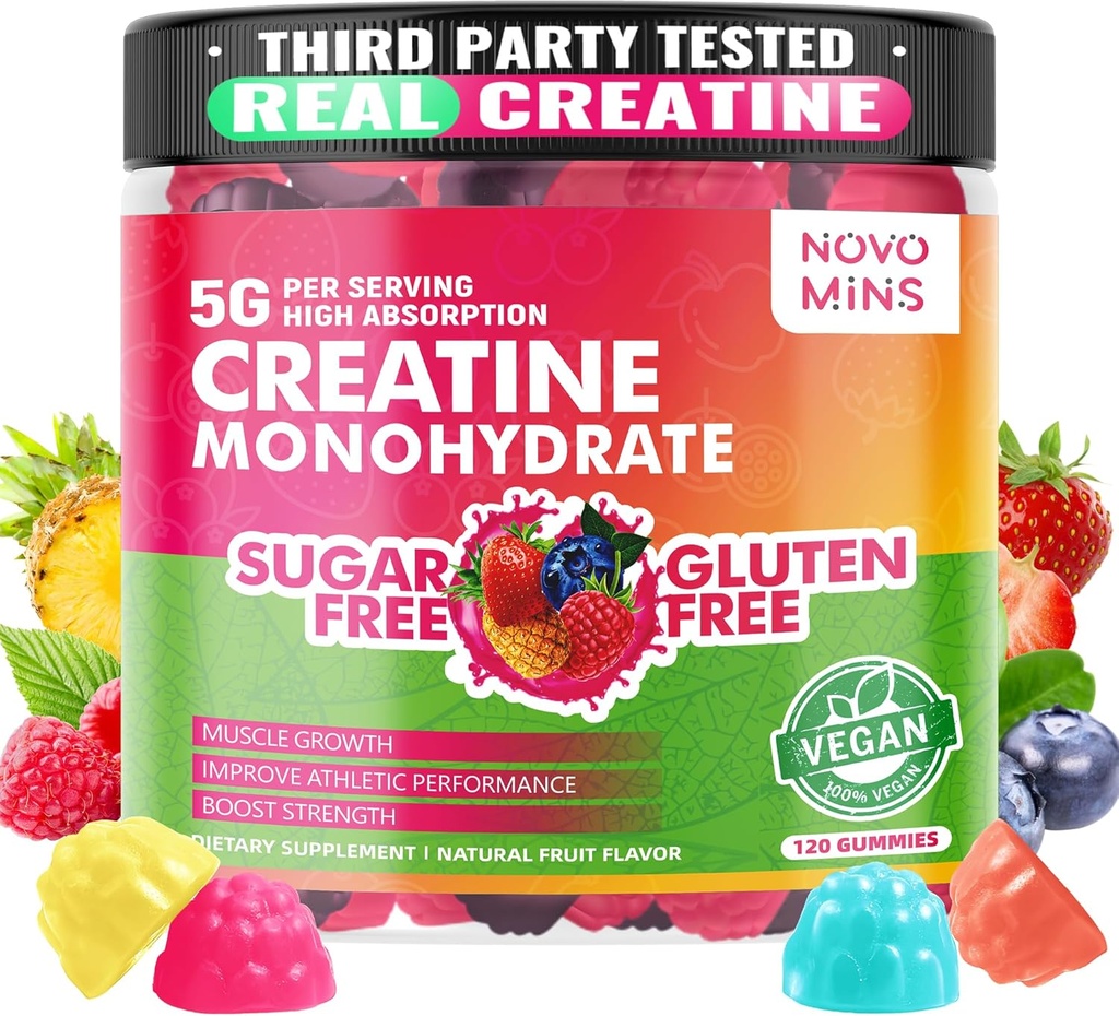 novomins Creatine Monohydrate Gummies 5000mg para Hombres &amp; Mujeres, Chewables Cretina Monohydrate para la fuerza muscular, Muscle Builder, Energy Boost, Pre-Workout Suplemento(120 Cuenta)
