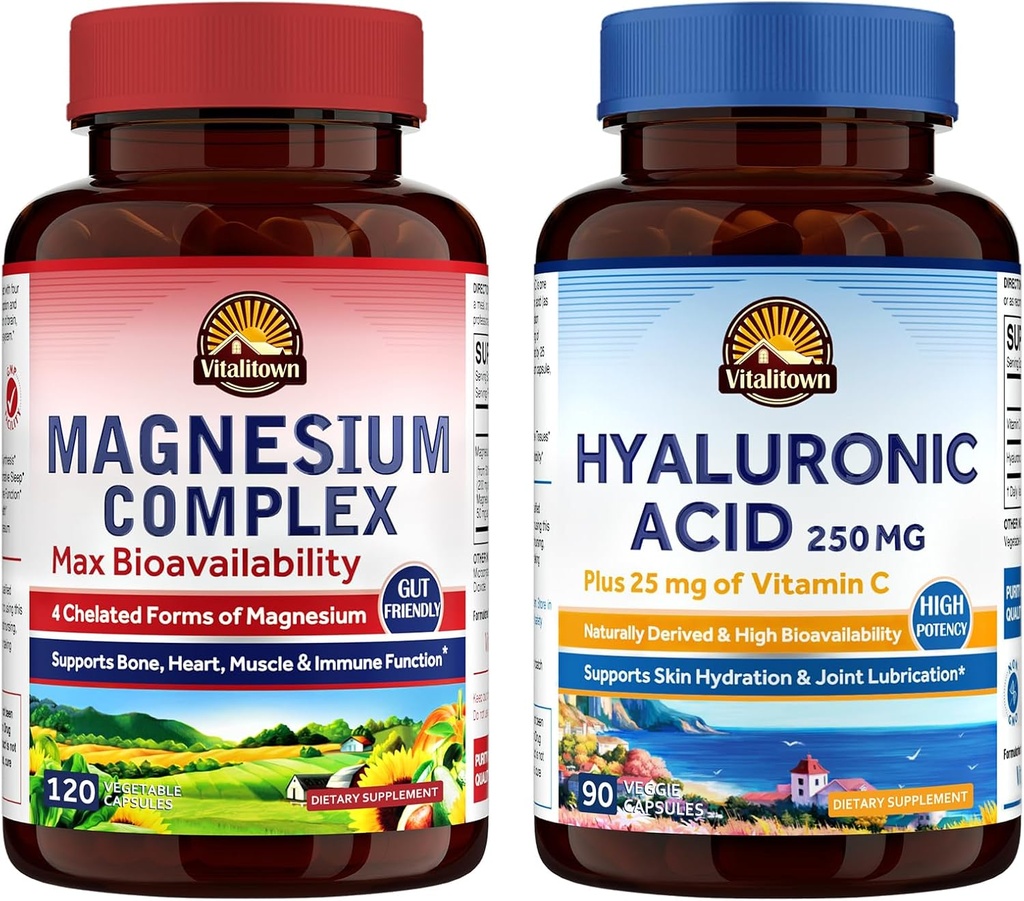 Vitalitown Magnesium + Hyaluronic Acid Bundle eterna Magnesium Complex (Item 1) & Hyaluronic Acid Plus Vitamin C (Item 2) tención 120 Magnesium Capsules &amp; 90 Hyaluronic Acid Capsules