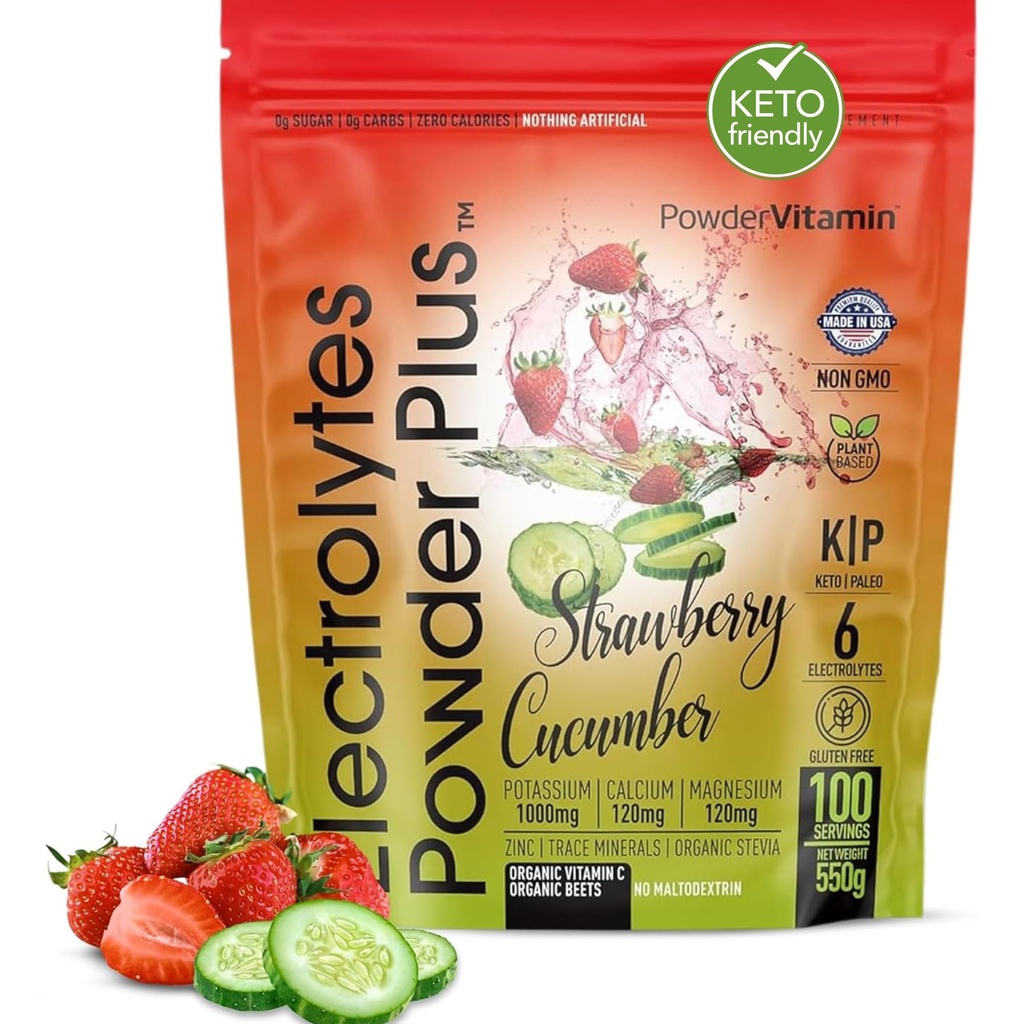 PowderVitamin Electrolytes Powder Plus (100 Servings) Fresa Cucumber Electrolyte Powder Zero Calorie Keto,0Sugar, No Maltodextrin,1000mg Potasio, 120mg Calcio,120mg Magnesio, Hidratación Polvo