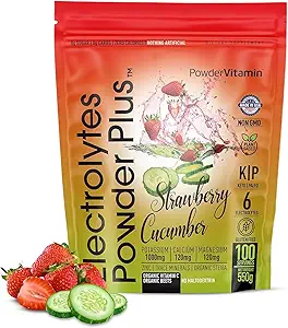 PowderVitamin Electrolytes Powder Plus (100 Servings) Fresa Cucumber Electrolyte Powder Zero Calorie Keto,0Sugar, No Maltodextrin,1000mg Potasio, 120mg Calcio,120mg Magnesio, Hidratación Polvo