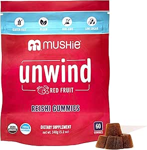 Mushie 100% orgánico Reishi Mushroom Gummies - 2000mg Reishi Nootropic for Relaxation, Sleep, Cardiovascular Health &amp; Immune Support with Vitamin D - Vegan, Gluten-Free - 60 Count