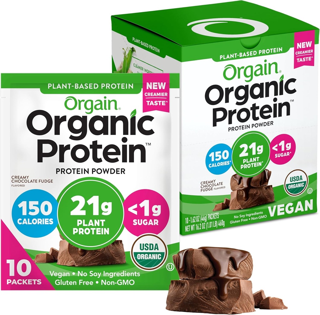 Orgain Orgain Orgain Pólvora de Proteína Vegana Orgaina, Cerdo de Chocolate Creamy - 21g Proteína vegetal, fibra prebiótica de 6g, carbohidratos bajos, sin ingredientes de lactosa, sin azúcar añadido, no fumador, para sacudidas " Smoothies, 10 paquetes de viaje