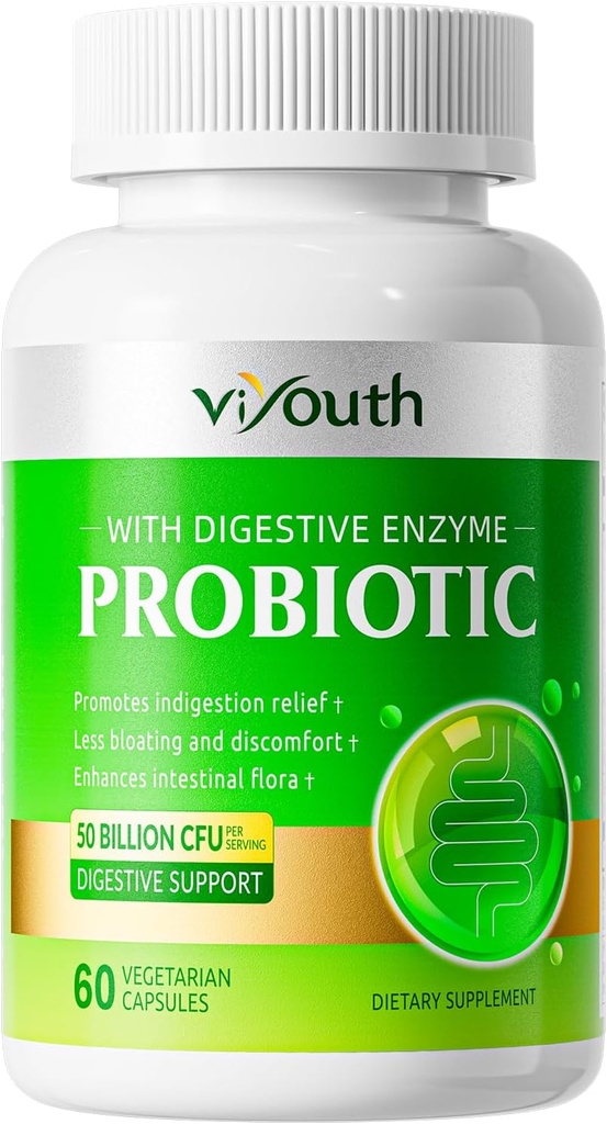 Probióticos para Hombres Mujer - Probiótico 50 Billones CFU 18 Strains & 5 Enzymes Digestivos para Salud Gut, Immune - Probióticos Capsules soporta Gas &amp; Bloating, Natural, No GMO, Gluten Free, 60ct